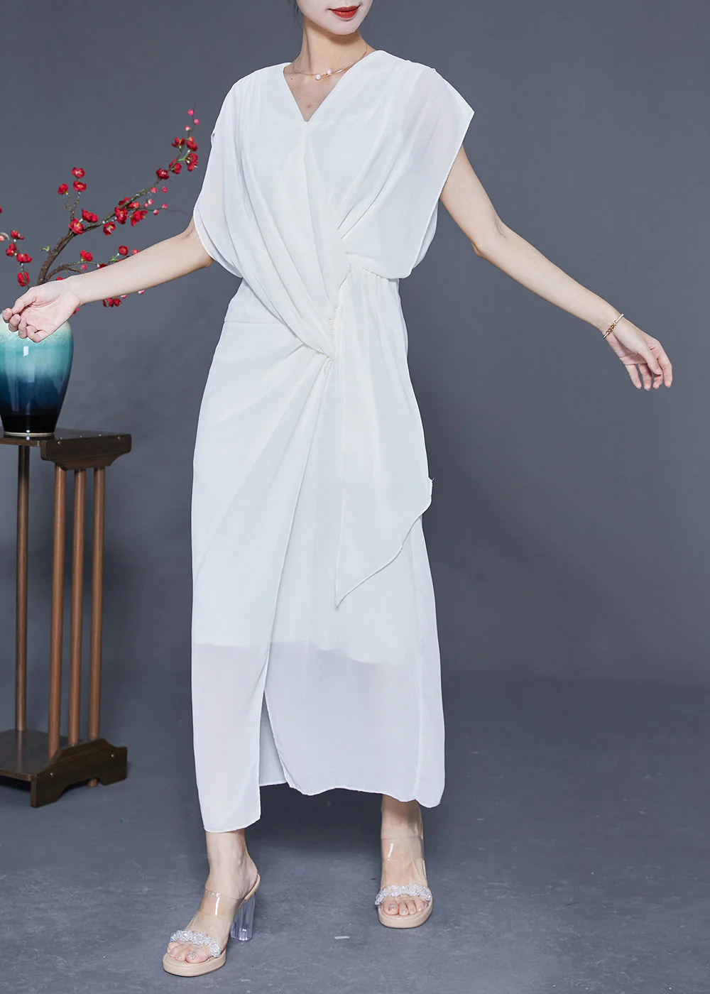 Slim Fit White V Neck Asymmetrical Cross Chiffon Holiday Dress Summer - Image 3