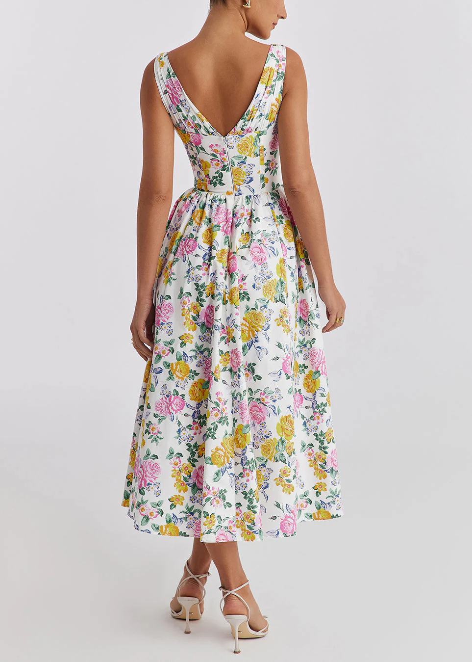 Slim Fit White V Neck Print Pockets Cotton Dresses Sleeveless - Image 5