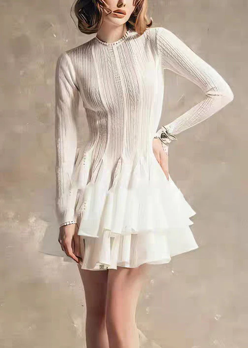 Slim Fit White Zippered High Waist Lace Mid Dress Fall - Image 2