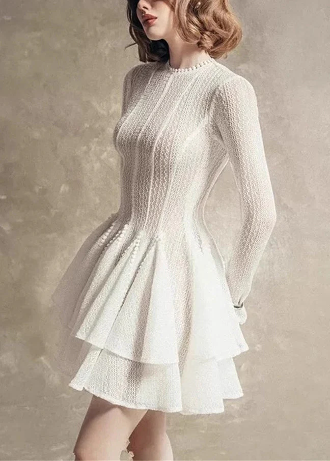 Slim Fit White Zippered High Waist Lace Mid Dress Fall - Image 4