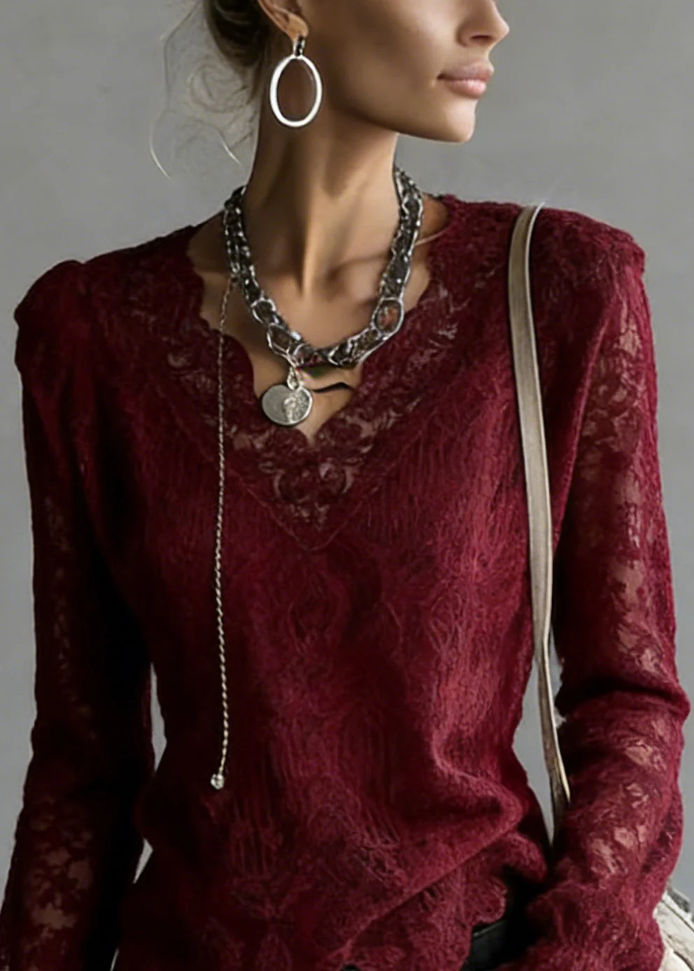 Slim Fit Wine Red V Neck Solid Top Flare Sleeve - Image 2