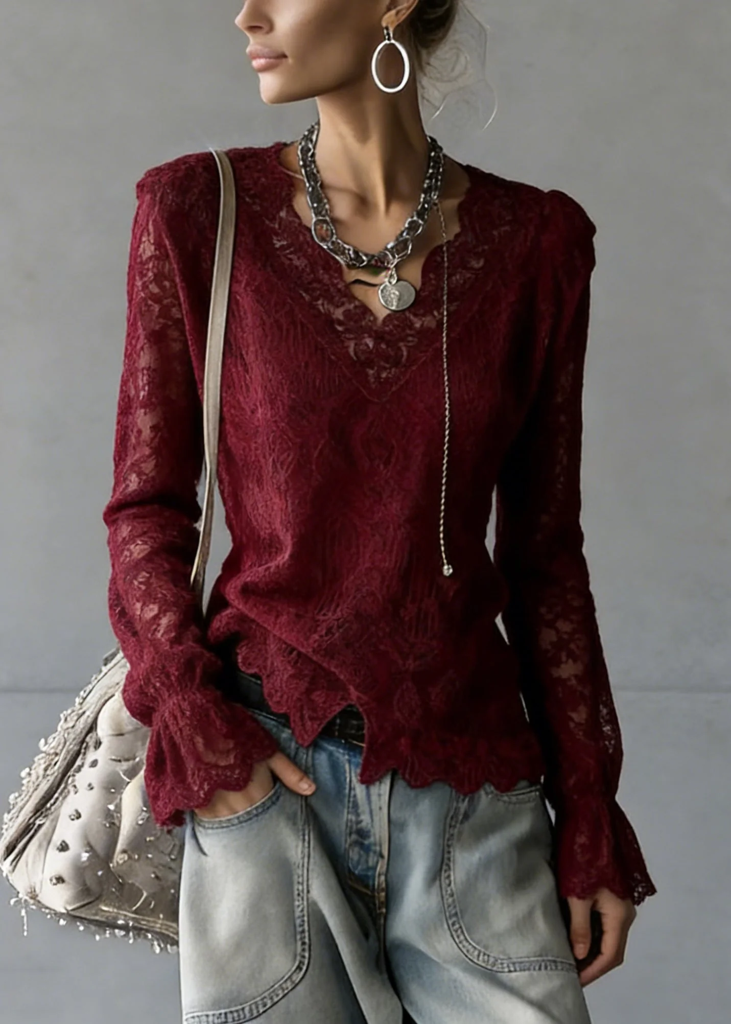 Slim Fit Wine Red V Neck Solid Top Flare Sleeve - Image 3