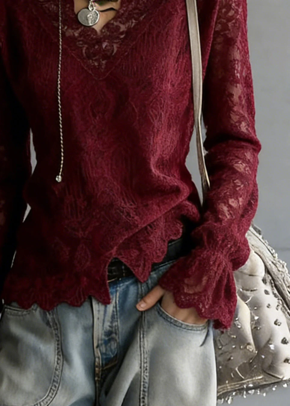 Slim Fit Wine Red V Neck Solid Top Flare Sleeve - Image 4