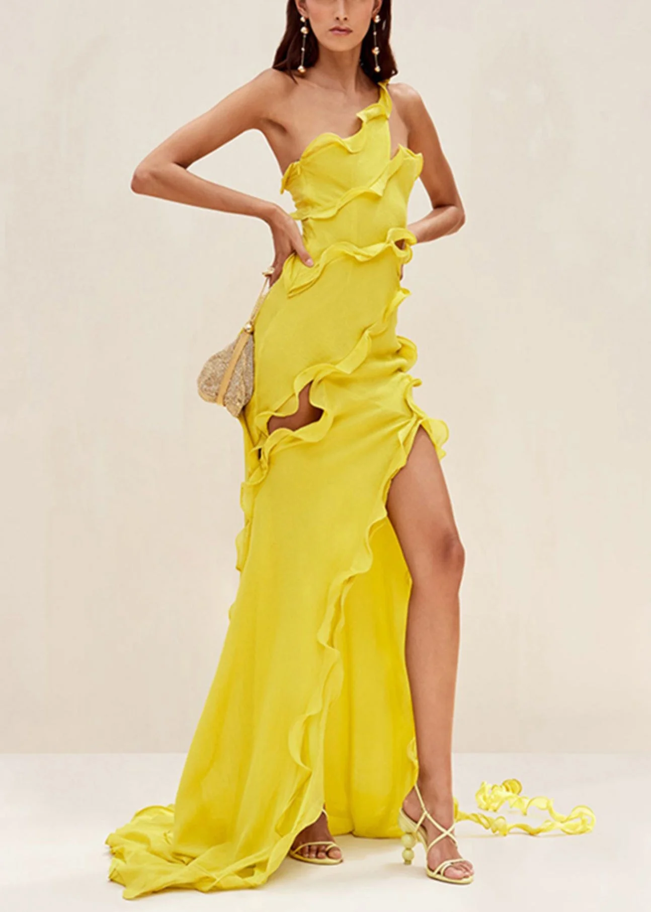 Slim Fit Yellow Asymmetrical Ruffled Hollow Out Long Dresses Sleeveless - Image 2