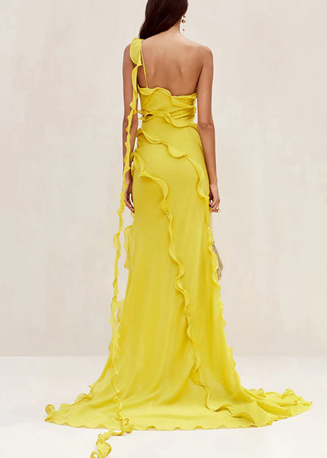 Slim Fit Yellow Asymmetrical Ruffled Hollow Out Long Dresses Sleeveless - Image 3