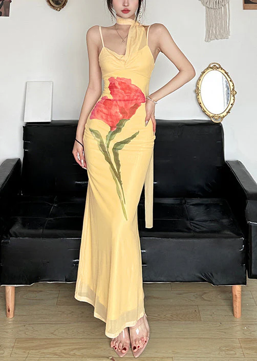 Slim Fit Yellow Bow Print Tulle Spaghetti Strap Dress Sleeveless - Image 3