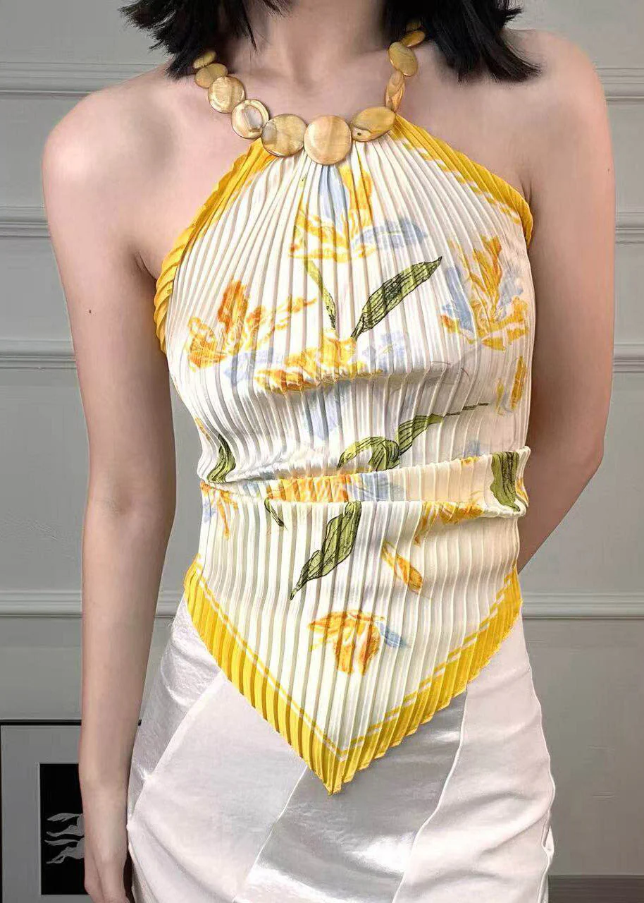 Slim Fit Yellow Print Wrinkled Backless Scarves Tops Sleeveless - Image 2