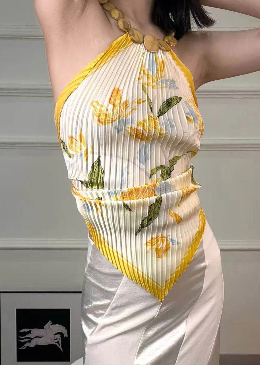 Slim Fit Yellow Print Wrinkled Backless Scarves Tops Sleeveless - Image 3