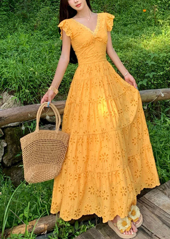 Slim Fit Yellow V Neck Flattering Maxi Dress Summer - Image 3