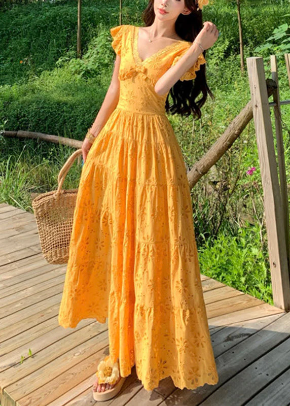 Slim Fit Yellow V Neck Flattering Maxi Dress Summer - Image 4