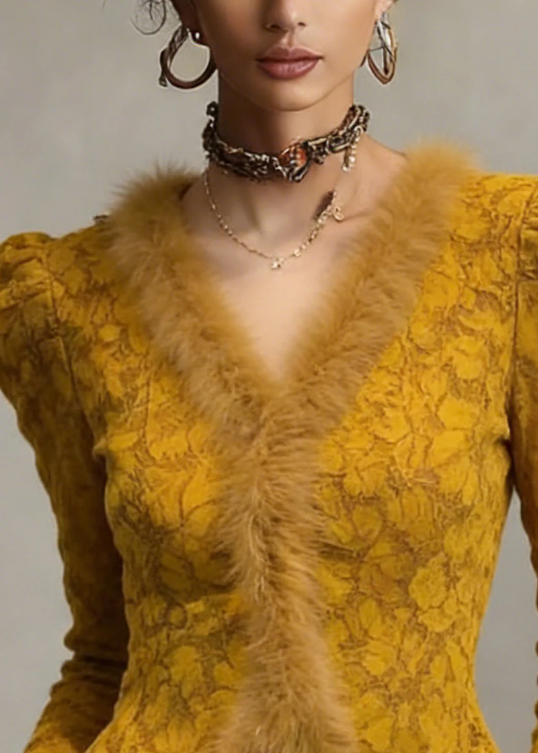 Slim Fit Yellow V Neck Lace Fluffy Patchwork Warm Fleece Tops - Image 2