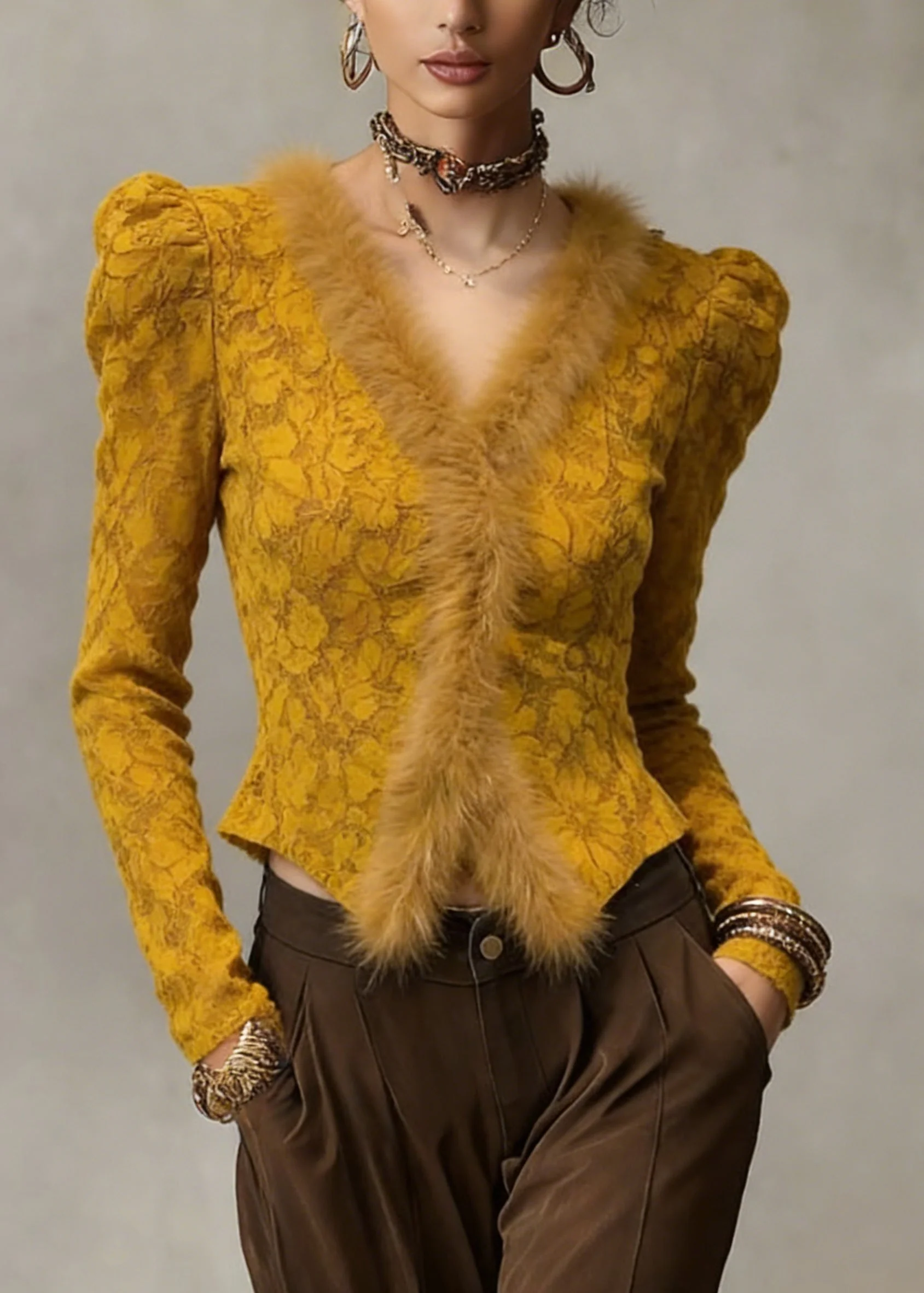 Slim Fit Yellow V Neck Lace Fluffy Patchwork Warm Fleece Tops - Image 3
