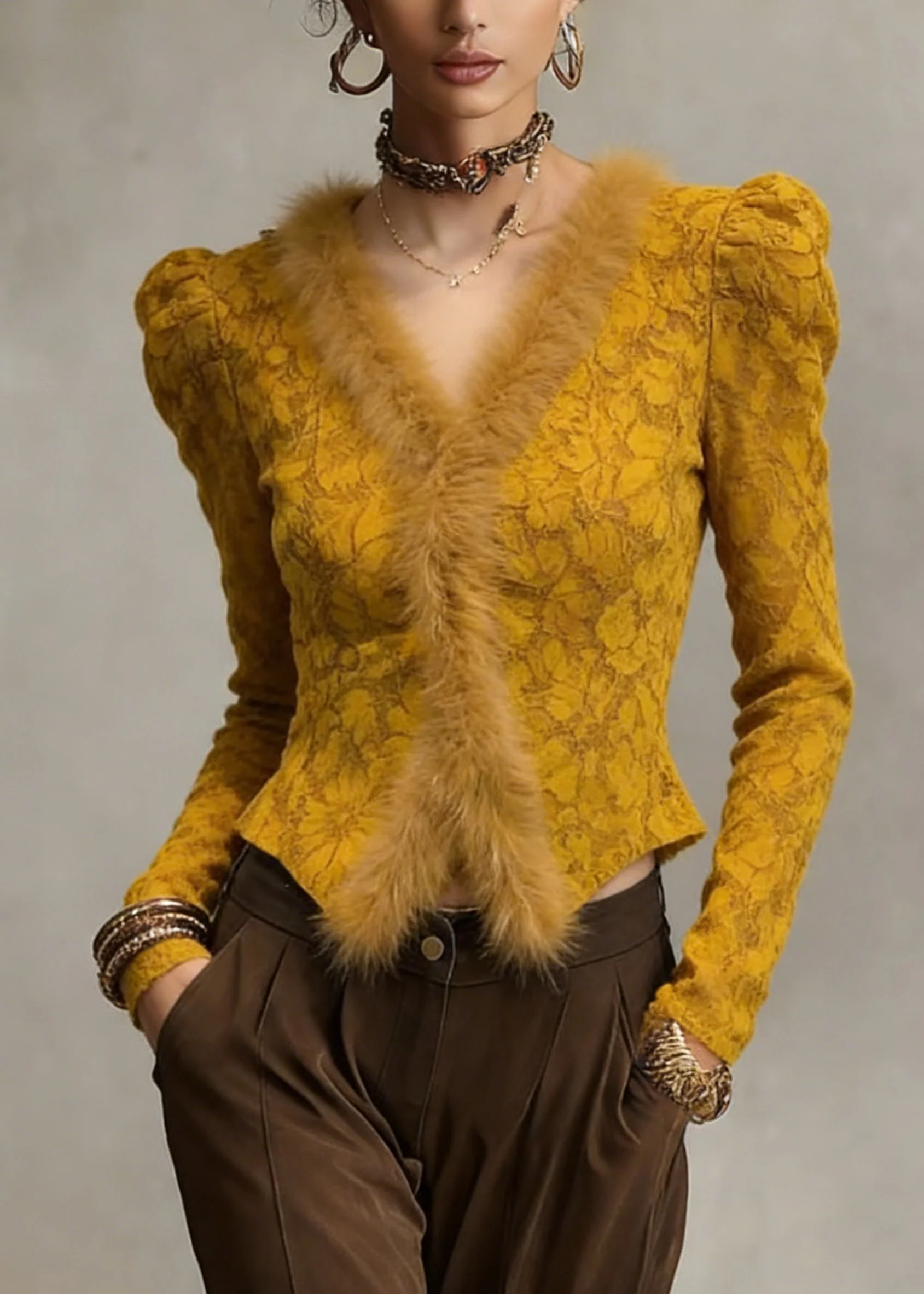 Slim Fit Yellow V Neck Lace Fluffy Patchwork Warm Fleece Tops - Image 5