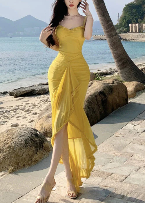 Slim Fit Yellow Wrinkled Low High Design Cotton Spaghetti Strap Dress Sleeveless - Image 2
