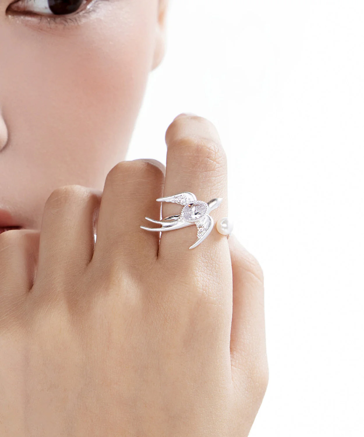 Small Bird Large Drill Pearl Zircon Adjustable Silver Rings - Image 2