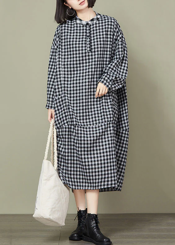 Small Plaid Button Loose Cotton Long Dress O Neck Long Sleeve - Image 2