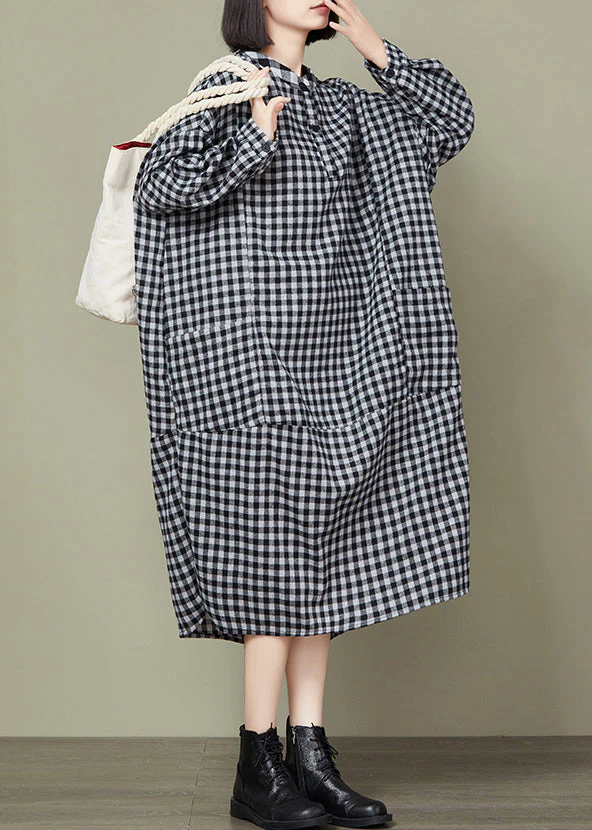 Small Plaid Button Loose Cotton Long Dress O Neck Long Sleeve - Image 3