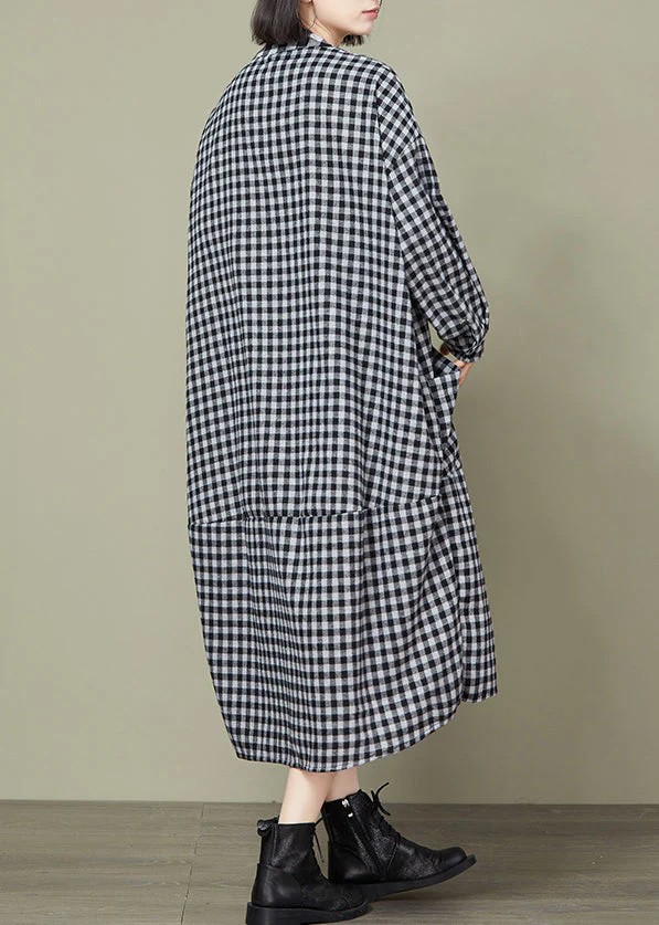 Small Plaid Button Loose Cotton Long Dress O Neck Long Sleeve - Image 4