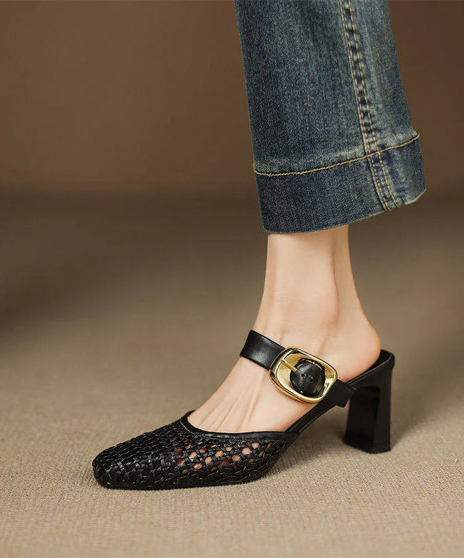 Soft Chunky Sandals Beige Hollow Out Knit Fabric - Image 4