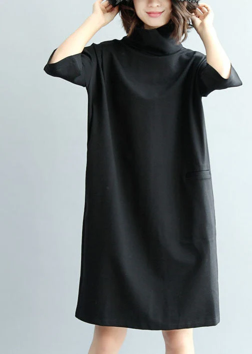 Solid Black Cotton Dress High Neck Half Sleeve - Image 2