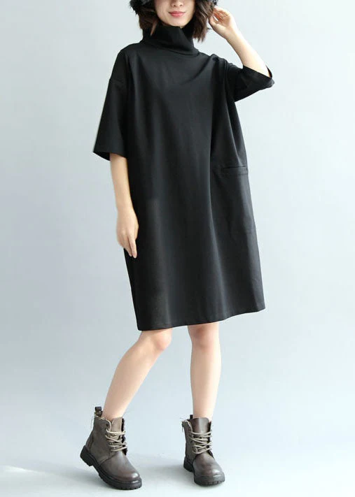 Solid Black Cotton Dress High Neck Half Sleeve - Image 3