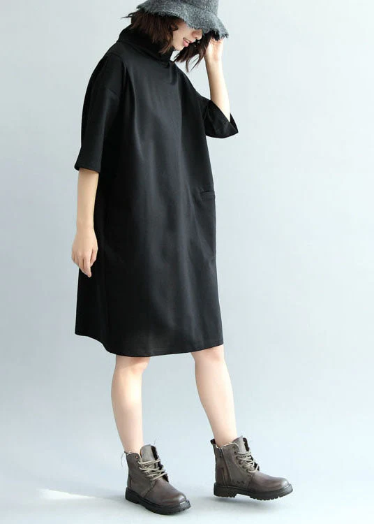 Solid Black Cotton Dress High Neck Half Sleeve - Image 4