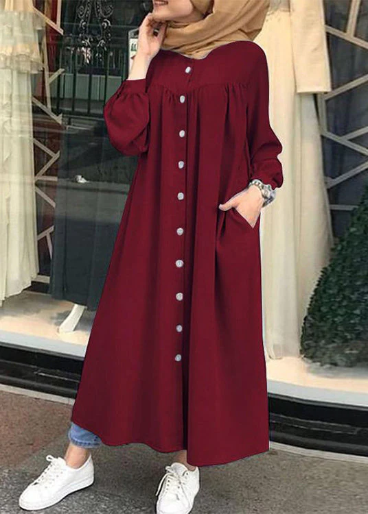 Solid Button Front Ruched Short Sleeve Crew Neck Maxi Dress Orange - Image 5