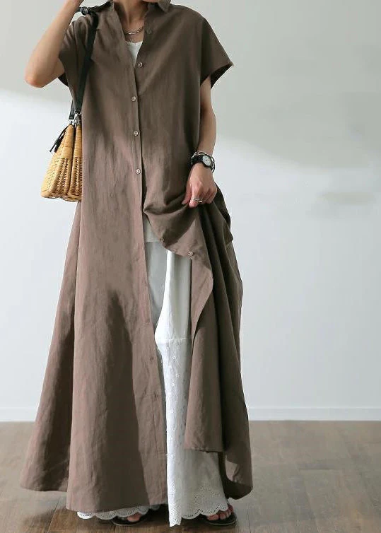 Solid Button Lapel Ruched Short Sleeve Maxi Shirt Dress Coffee - Image 2