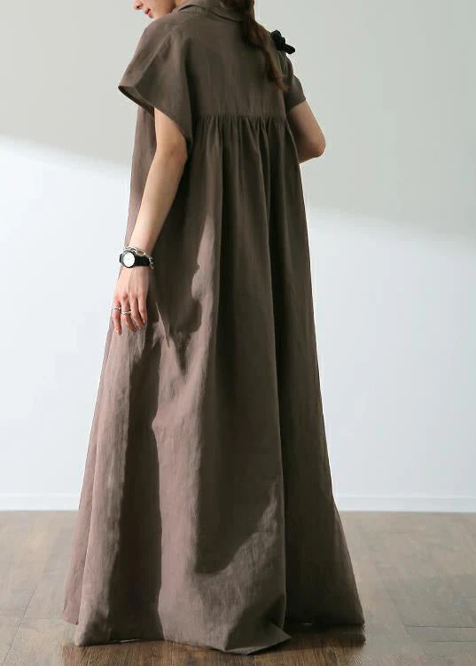 Solid Button Lapel Ruched Short Sleeve Maxi Shirt Dress Coffee - Image 3