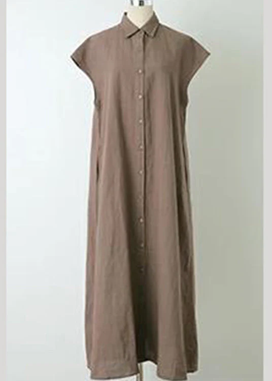 Solid Button Lapel Ruched Short Sleeve Maxi Shirt Dress Coffee - Image 4