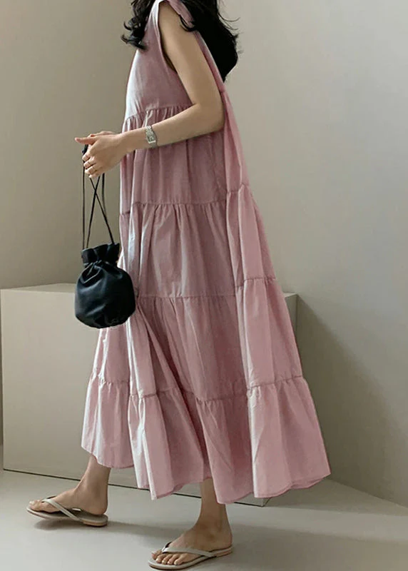 Solid Color Sleeveless V-neck Pleated Layered Lace Up Daily Casual Maxi Dress Apricot - Image 2