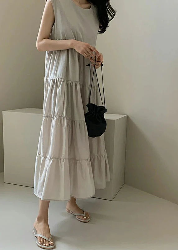Solid Color Sleeveless V-neck Pleated Layered Lace Up Daily Casual Maxi Dress Apricot - Image 3