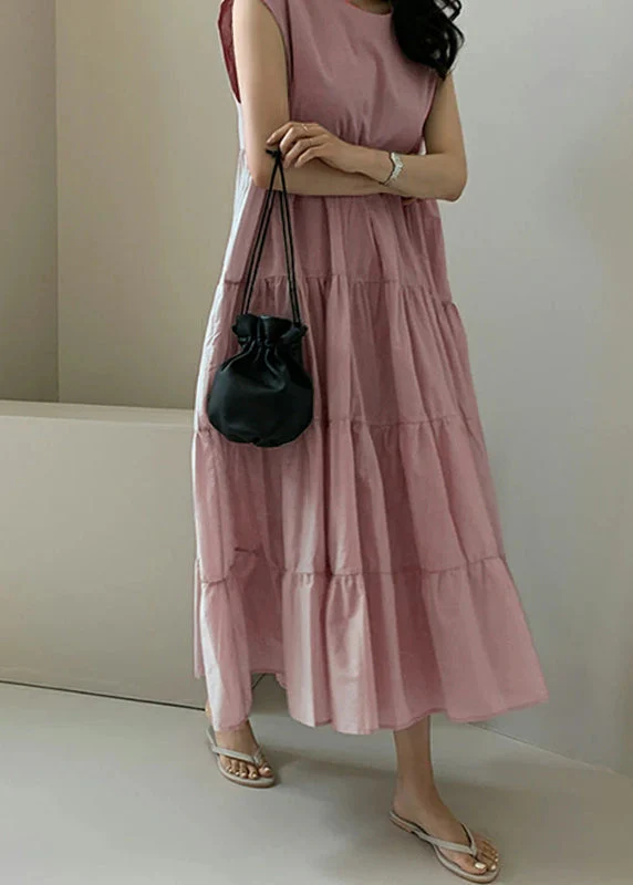 Solid Color Sleeveless V-neck Pleated Layered Lace Up Daily Casual Maxi Dress Apricot - Image 4