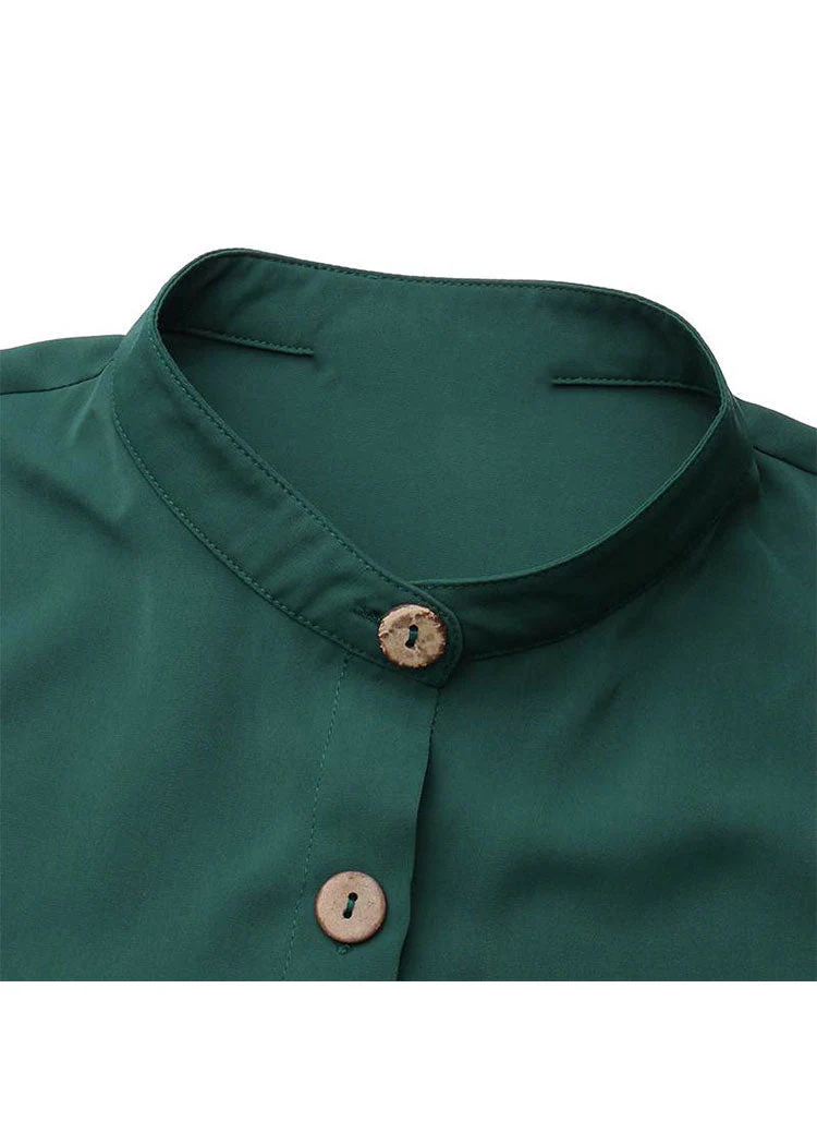 Solid Color Stand Collar Button Down Front Leisure Loose Maxi Dress with Side Pockets - Image 3