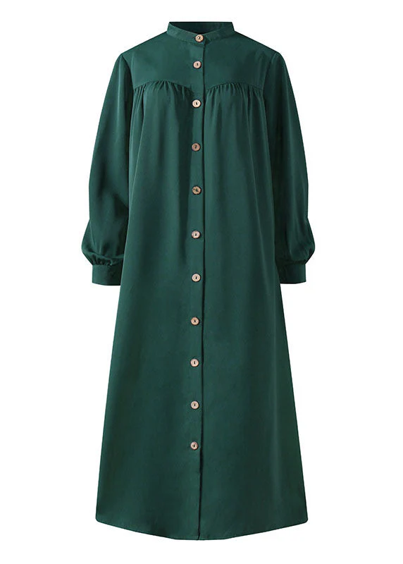 Solid Color Stand Collar Button Down Front Leisure Loose Maxi Dress with Side Pockets - Image 4
