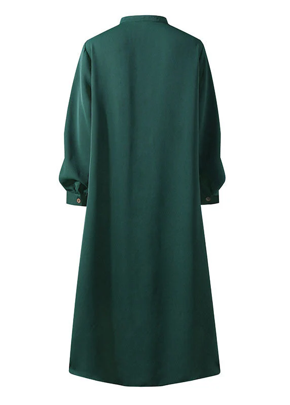 Solid Color Stand Collar Button Down Front Leisure Loose Maxi Dress with Side Pockets - Image 5