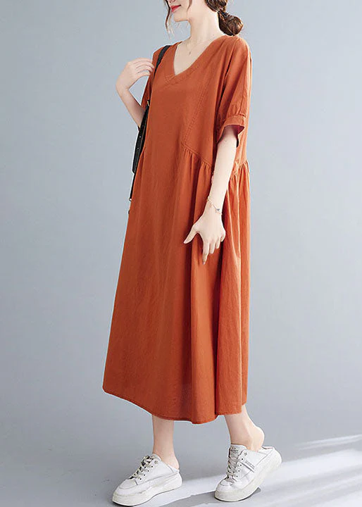Solid Orange Patchwork Cotton Holiday Dress Wrinkled Short Sleeve - Image 4