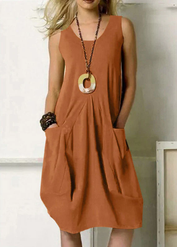 Solid Pocket Army Green Crew Neck Tank Top Dress - Image 2