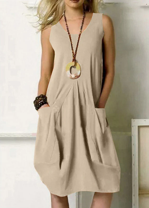 Solid Pocket Army Green Crew Neck Tank Top Dress - Image 3