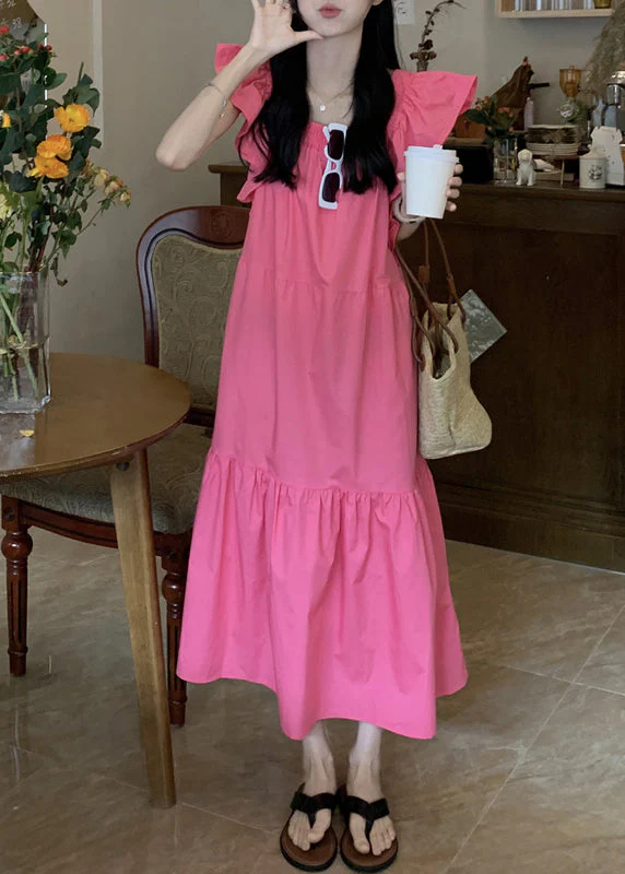 Solid Ruffle Backless Square Collar Casual Maxi Dress Pink - Image 2