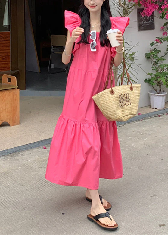 Solid Ruffle Backless Square Collar Casual Maxi Dress Pink - Image 3