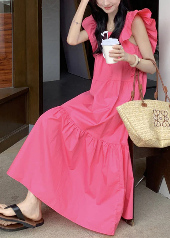 Solid Ruffle Backless Square Collar Casual Maxi Dress Pink - Image 4