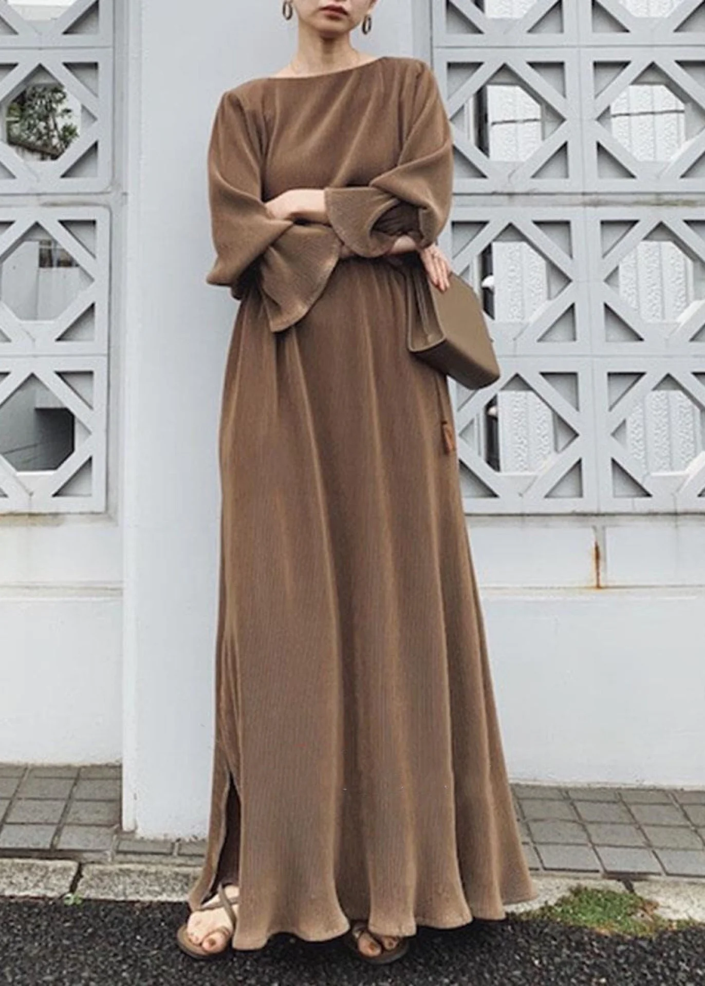 Solid Split Long Sleeve Round Neck Casual Maxi Dress Chocolate - Image 2
