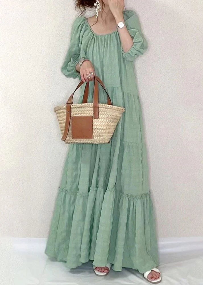 Solid Square Collar Ruffle Casual Maxi Dress Light Green
