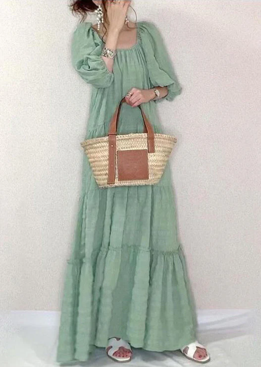 Solid Square Collar Ruffle Casual Maxi Dress Light Green - Image 3