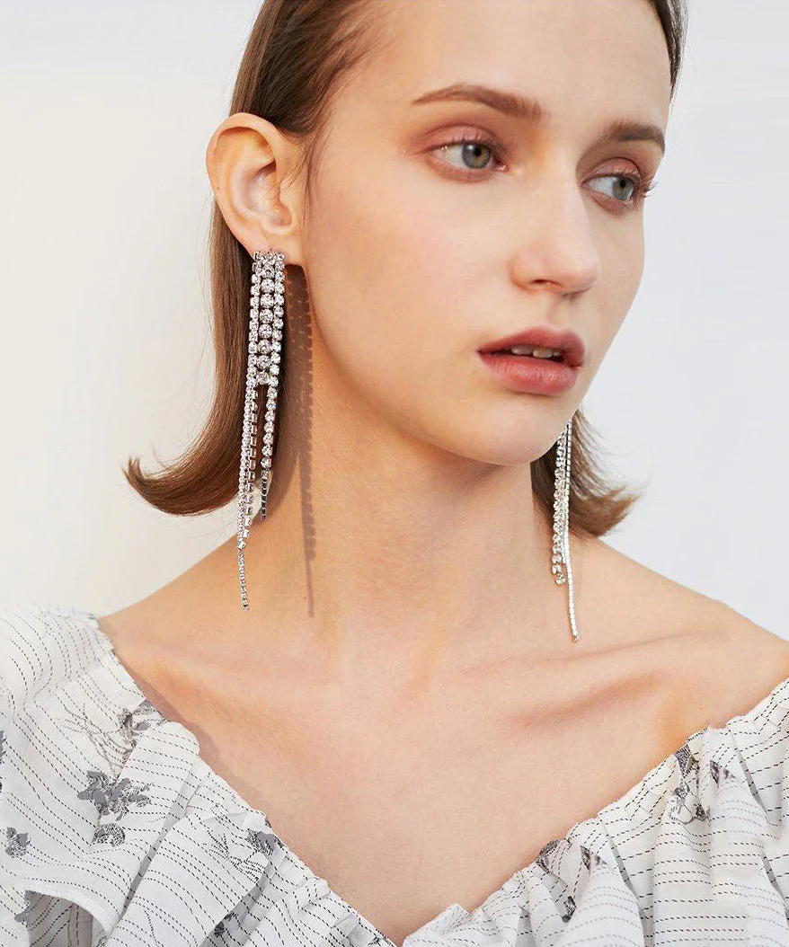Sparkling Rhinestone Long Tassel Drop Earrings - Image 2