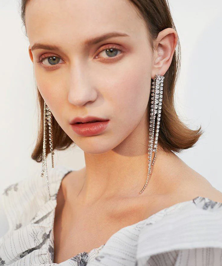 Sparkling Rhinestone Long Tassel Drop Earrings - Image 3