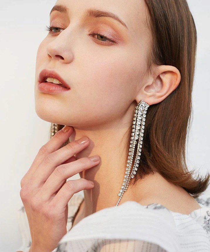 Sparkling Rhinestone Long Tassel Drop Earrings - Image 4