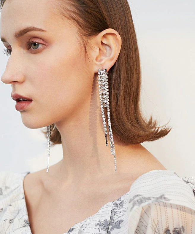 Sparkling Rhinestone Long Tassel Drop Earrings - Image 5