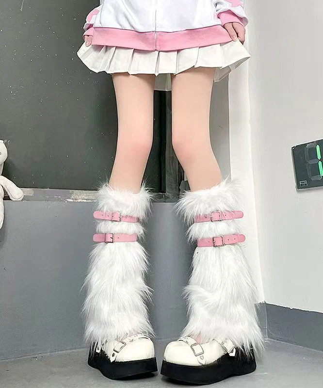 Spicy Girl Leather Buckle White Fuzzy Fur Fluffy Socks Covers - Image 2